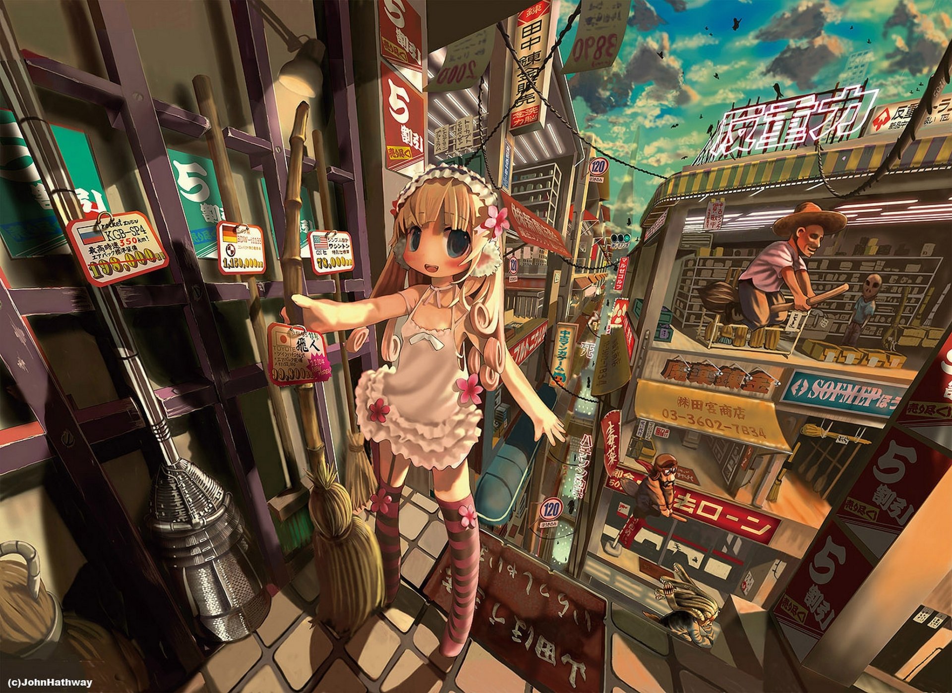Anime-style city scene featuring a girl with long hair and headphones, surrounded by bustling urban buildings and vibrant signs under a bright sky.