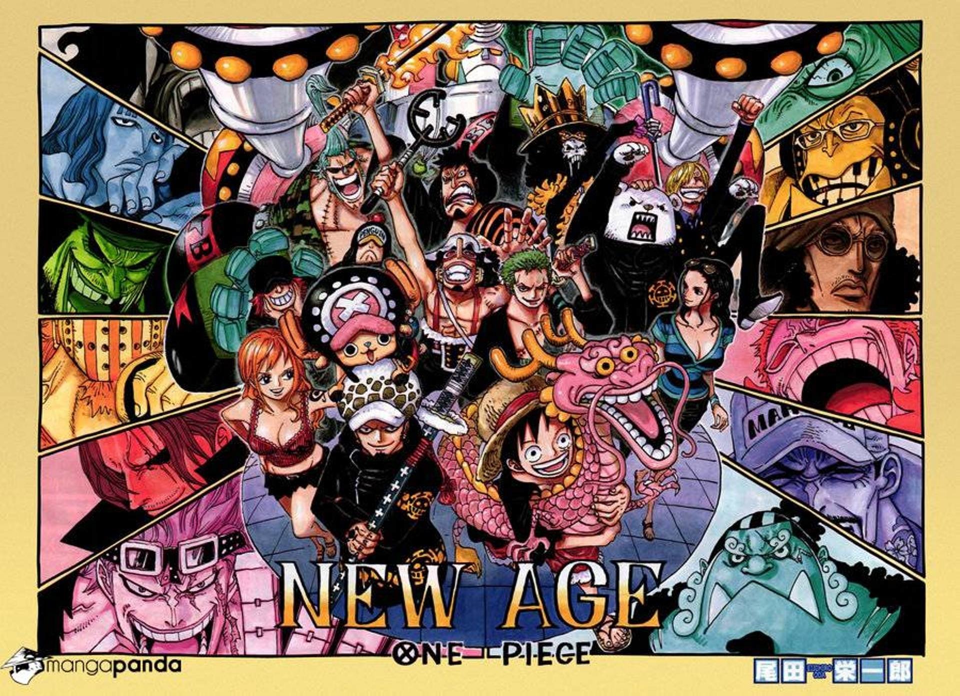 Vibrant One Piece ensemble poster showing Monkey D. Luffy, Nami, Sanji, Usopp, Tony Tony Chopper, Nico Robin, Brook, Franky, Trafalgar Law, Eustass Kid, Shanks, Marshall D. Teach, Donquixote Doflamingo and Penguin.