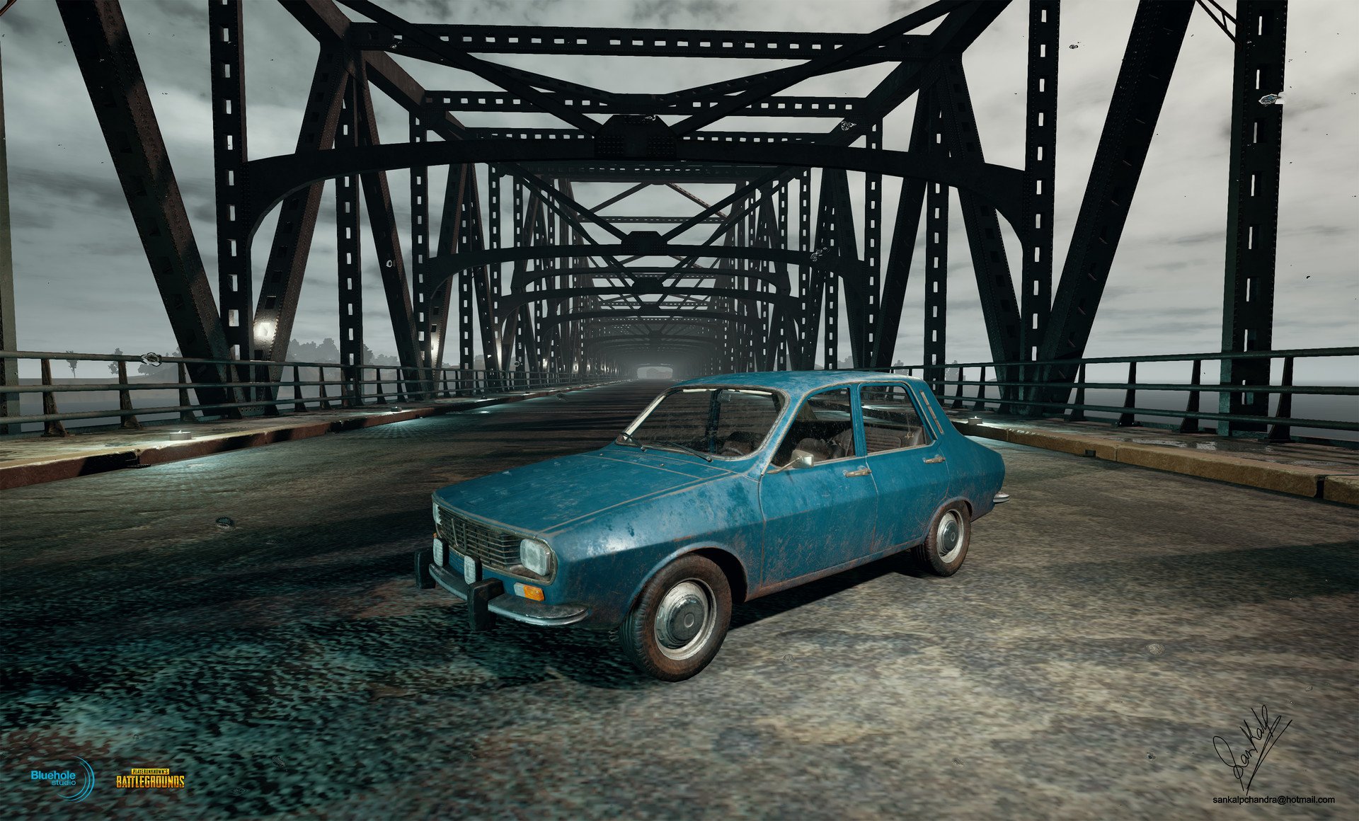 Blue hatchback parked on a steel truss bridge under an overcast sky in the PlayerUnknown's Battlegrounds video game.