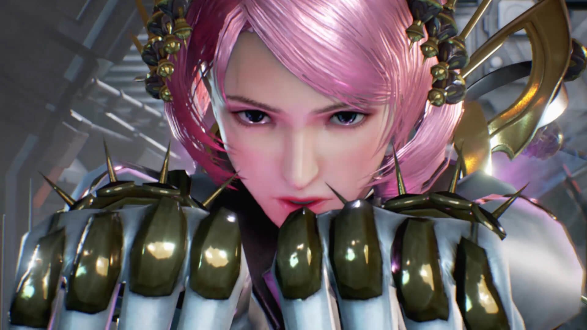 Close-up of a Tekken 7 fighter with pink hair, intense stare, and spiked metallic gauntlets in a futuristic arena.