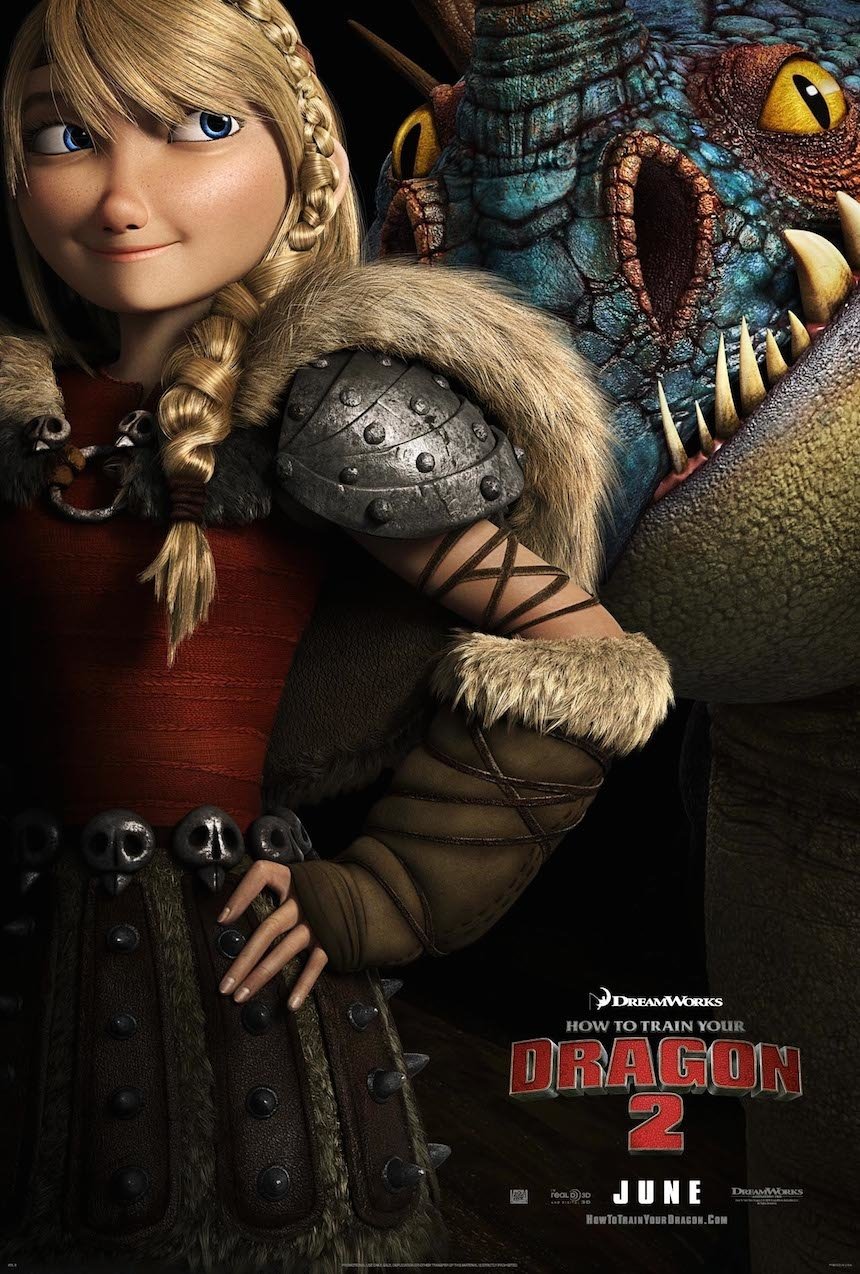 Astrid Hofferson standing with her spiky dragon Stormfly on the How to Train Your Dragon 2 movie poster.
