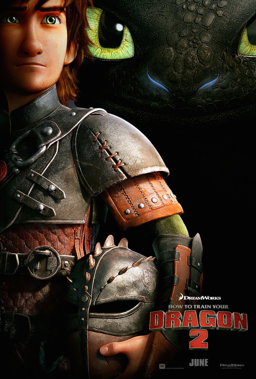 Movie poster for How to Train Your Dragon 2 showing Hiccup in armor holding his helmet as Toothless's glowing green eyes loom from the darkness.