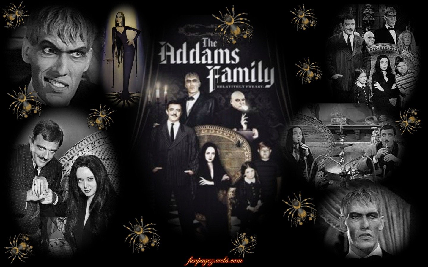 Collage featuring iconic characters from *The Addams Family*, set against a dark backdrop, highlighting their spooky charm and unique family dynamics.