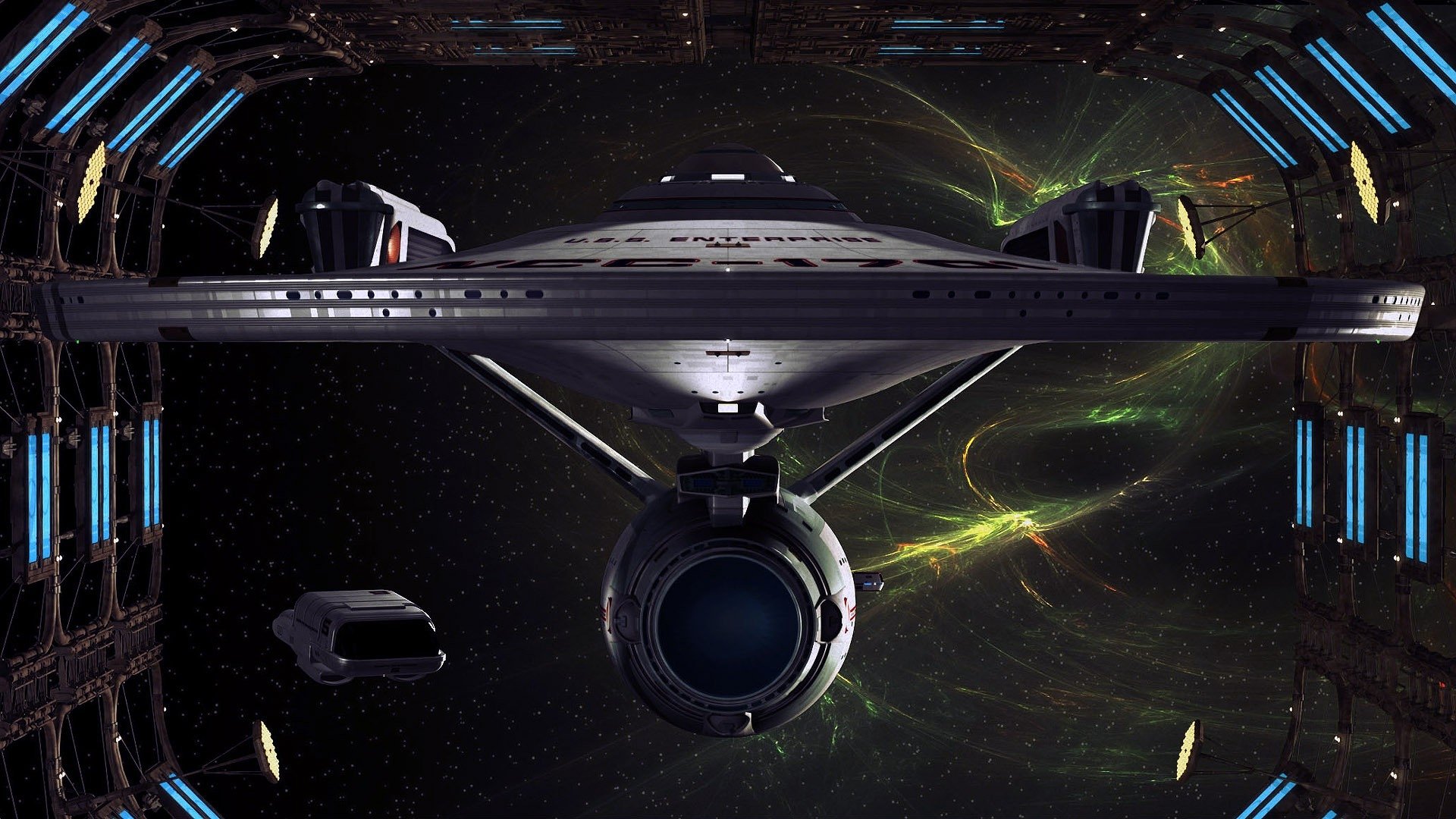 Sci-Fi Star Trek starship docked in a dark orbital bay, seen head-on with saucer section and nacelles, nebula and green energy arcs glowing behind it.