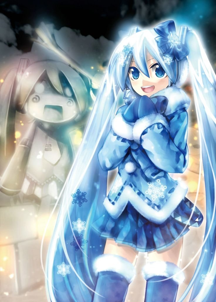 Anime-style illustration of Hatsune Miku dressed in a blue winter outfit with snowflakes, embodying a cheerful winter Vocaloid scene.