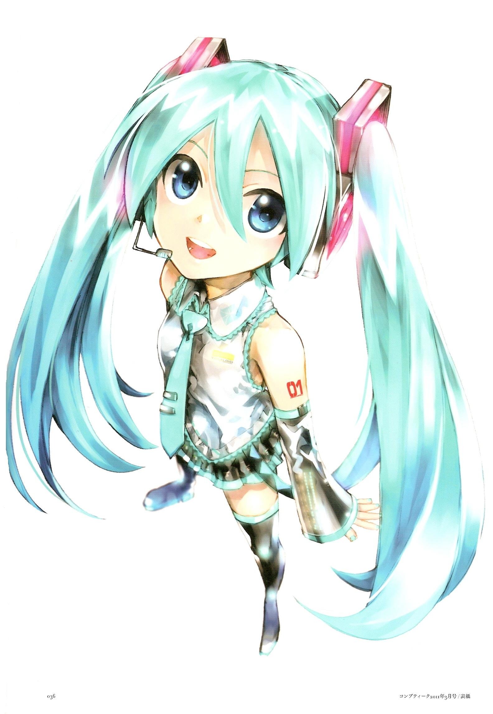 Anime-style illustration of Hatsune Miku, the blue-haired Vocaloid, with large expressive eyes, twin tails, and her signature futuristic outfit.