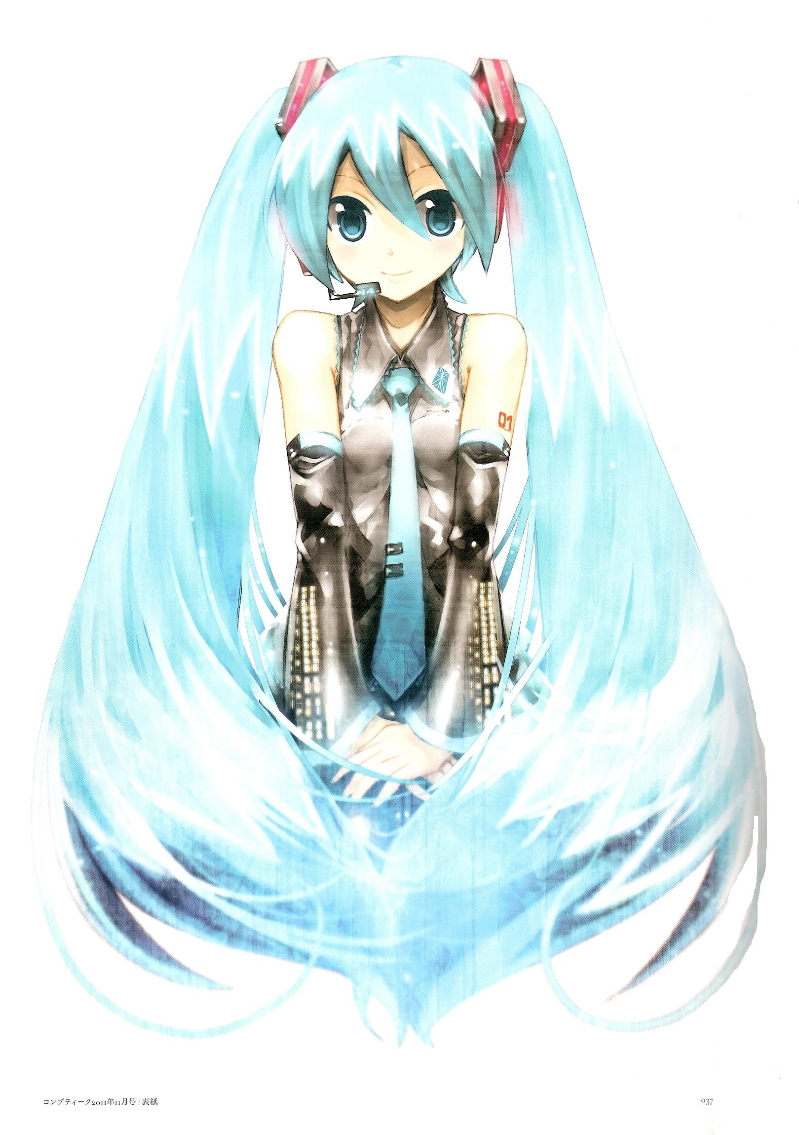 Anime-style illustration of Hatsune Miku, the iconic blue-haired Vocaloid, with long twin tails and her signature outfit, depicted in bright, soft colors.