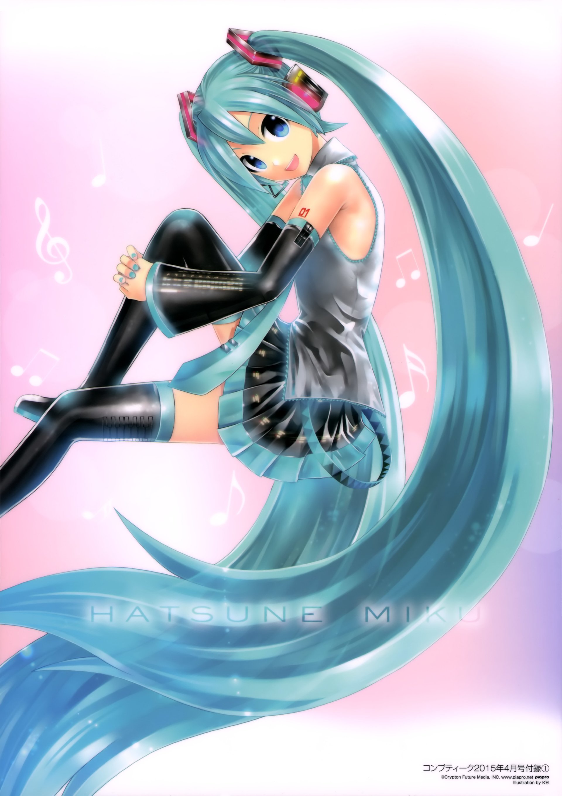 A vibrant illustration of Hatsune Miku, an iconic Vocaloid character, featuring her long turquoise hair and stylish outfit against a soft pink background with musical notes.