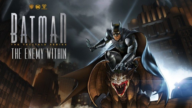 A dramatic scene from the video game Batman: The Enemy Within featuring Batman poised heroically while riding a monstrous bat against a dark city backdrop.