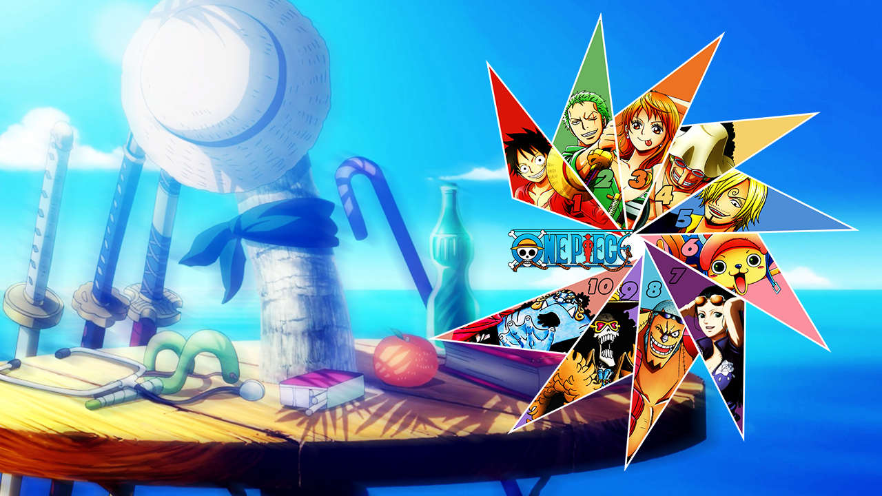 One Piece anime: sunlit wooden pier with barrels and ropes, and a colorful starburst collage of the Straw Hat crew's faces.