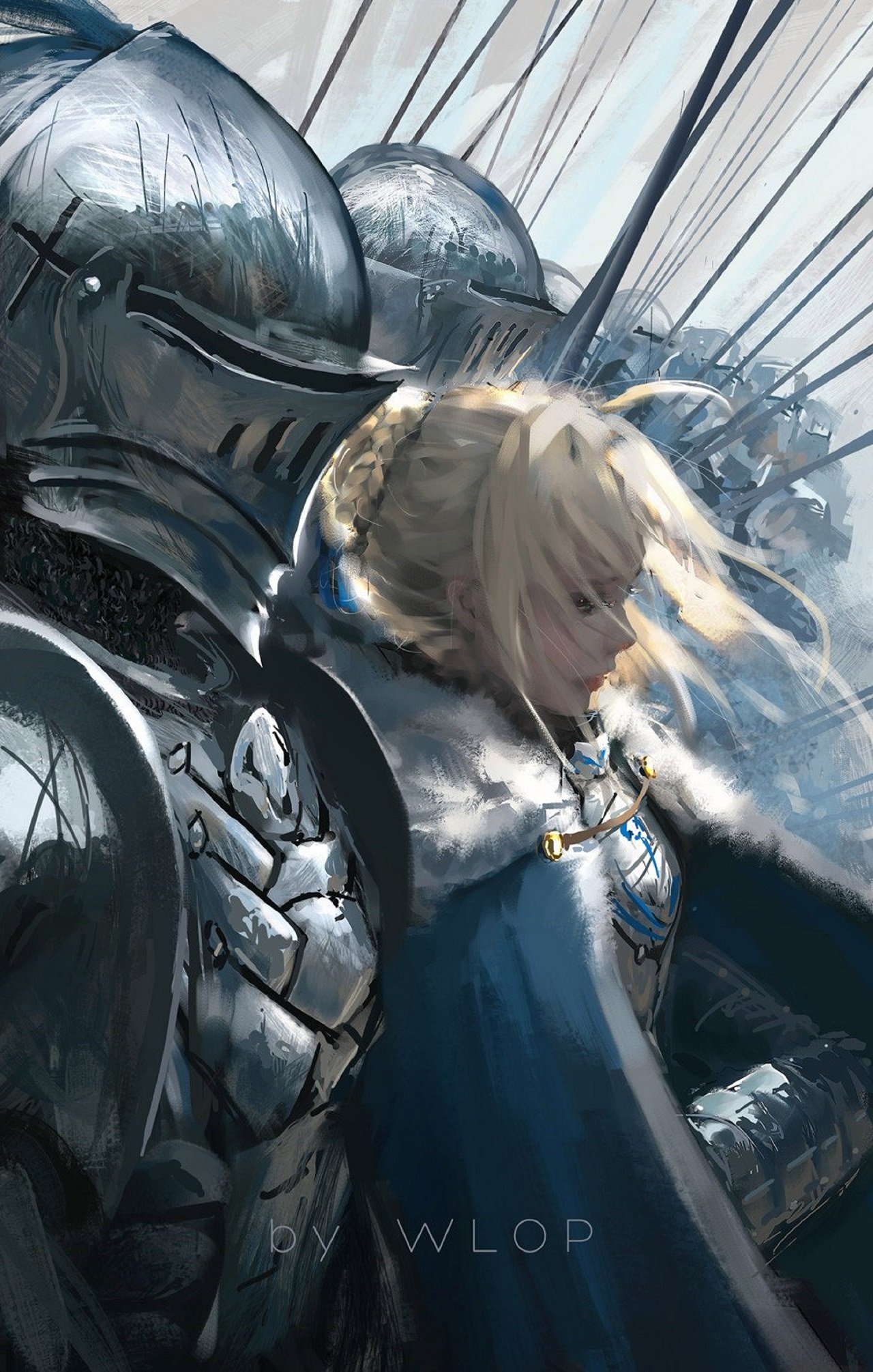 Anime-style artwork from Fate/extra depicting a blonde armored character with a blue cloak standing among knights in shining metal armor, with spears raised in the background.