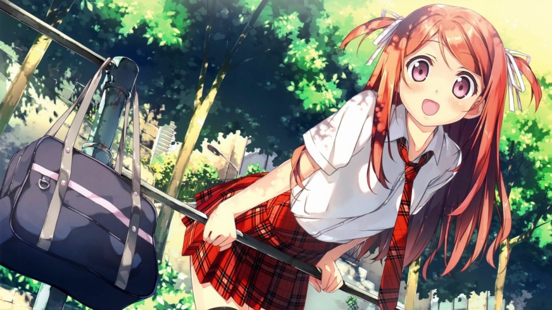 Anime schoolgirl — a surprised girl in a red plaid skirt and white blouse reaches for a hanging bag beneath sunlit, leafy trees.