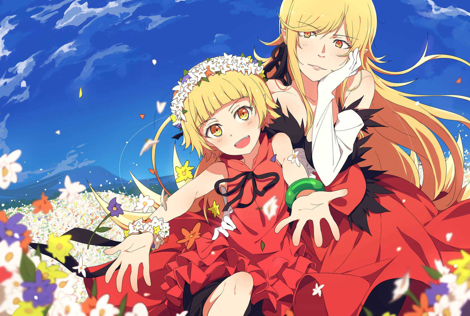 Shinobu Oshino and Kiss-shot Acerola-orion Heart-under-blade from Monogatari, twin blonde figures in red dresses smile and reach out amid wildflowers beneath a bright blue sky.