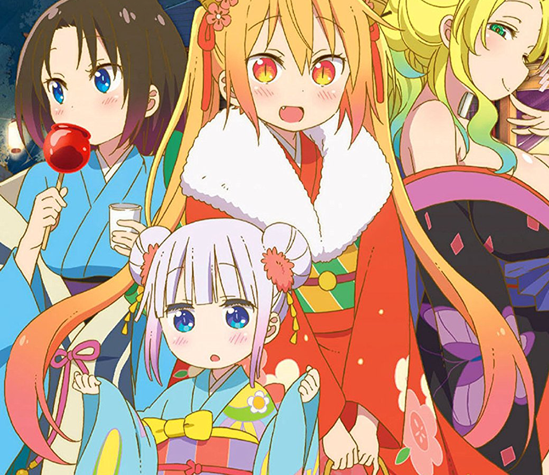Kanna, Tohru, Elma and Quetzalcoatl from Miss Kobayashi's Dragon Maid in bright kimonos at a festival — Tohru center smiling, Kanna small in front, Elma and Quetzalcoatl at the sides.