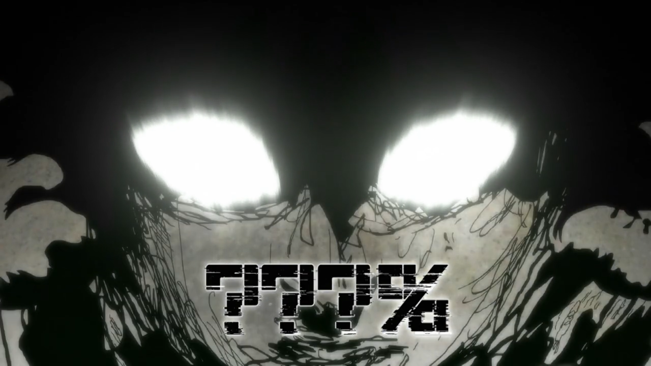 Mob Psycho 100 anime — shadowy, distorted face with blinding white eyes and glitchy ??% text across the mouth in a high-contrast monochrome style.