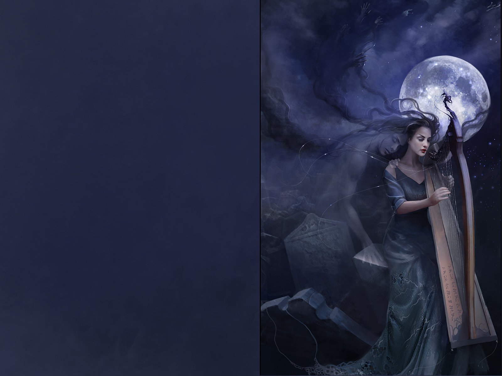 A ghostly woman in a flowing gown plays a harp beneath a glowing full moon, surrounded by dark, swirling mist and fantasy-like tombstones.
