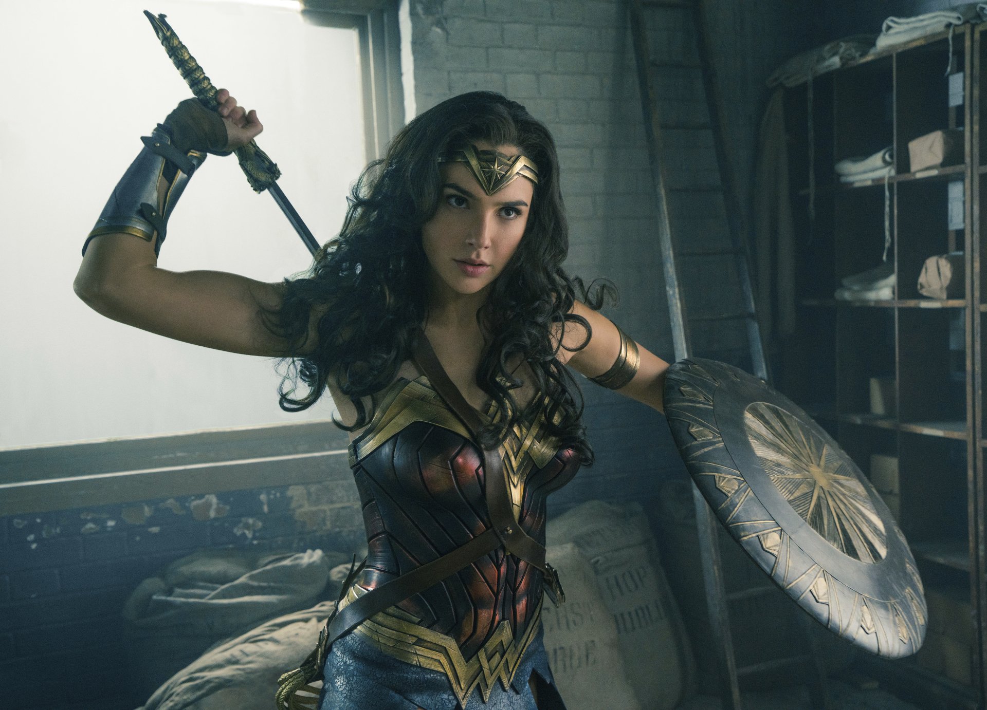 Gal Gadot portrays Wonder Woman, wielding a sword and shield, embodying strength and heroism in a dynamic pose amid a dramatic setting.