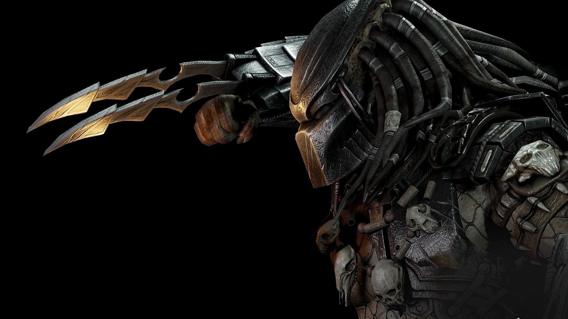 A menacing Predator from the video game Mortal Kombat X is poised with sleek blades, showcasing its formidable armor and skeletal details against a dark background.