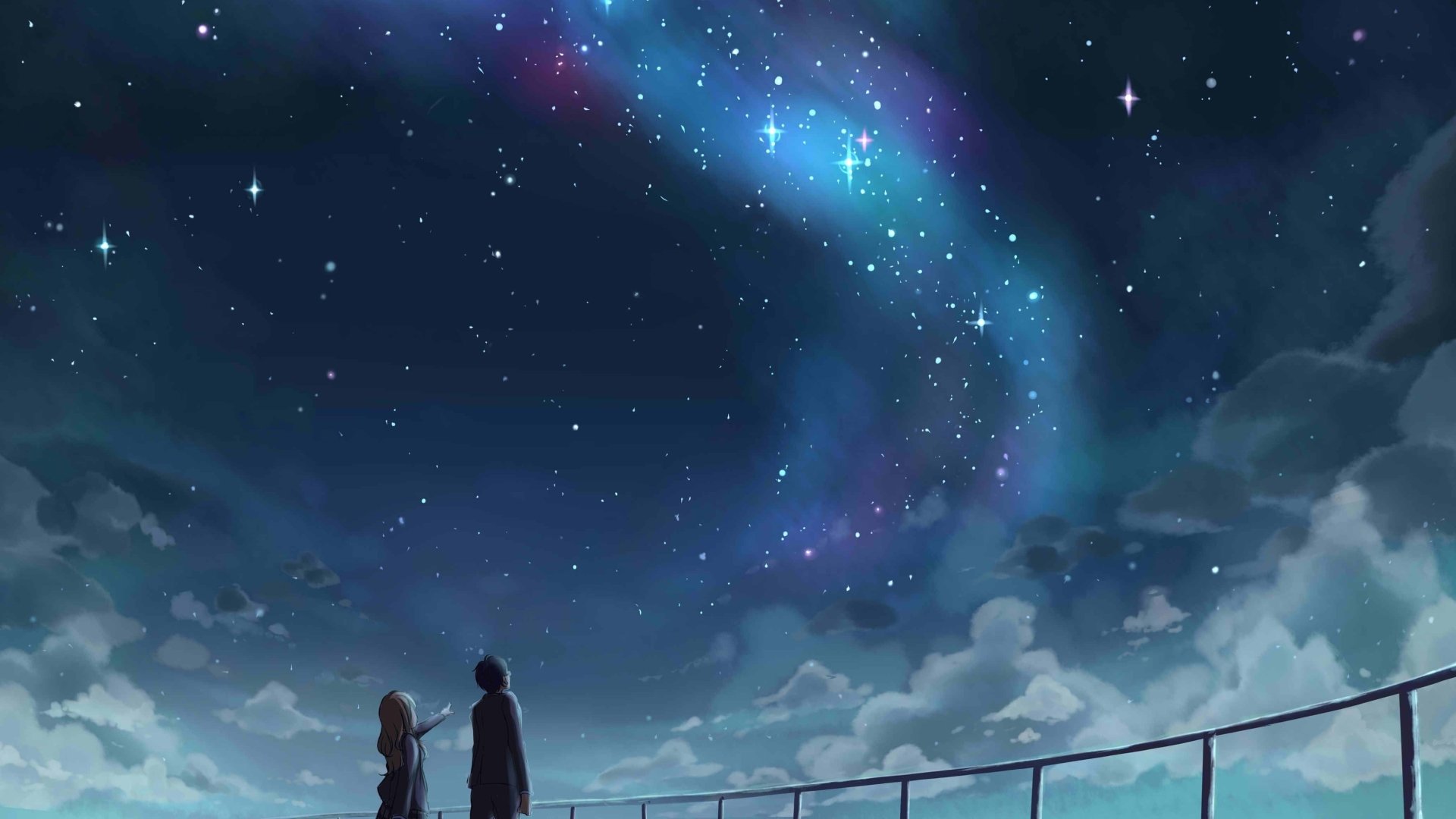 A serene night sky filled with stars and a colorful aurora, with two characters from the anime Your Lie in April standing on a bridge under the vast celestial display.