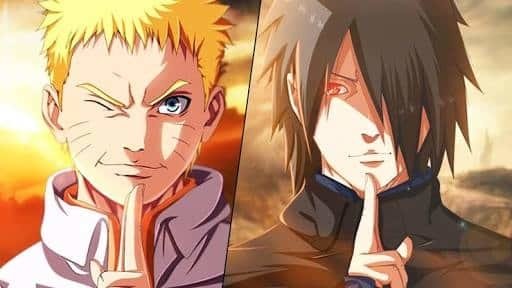 Anime Naruto image: split portrait of Naruto and Sasuke performing a hand seal, sunset-lit faces and determined expressions.
