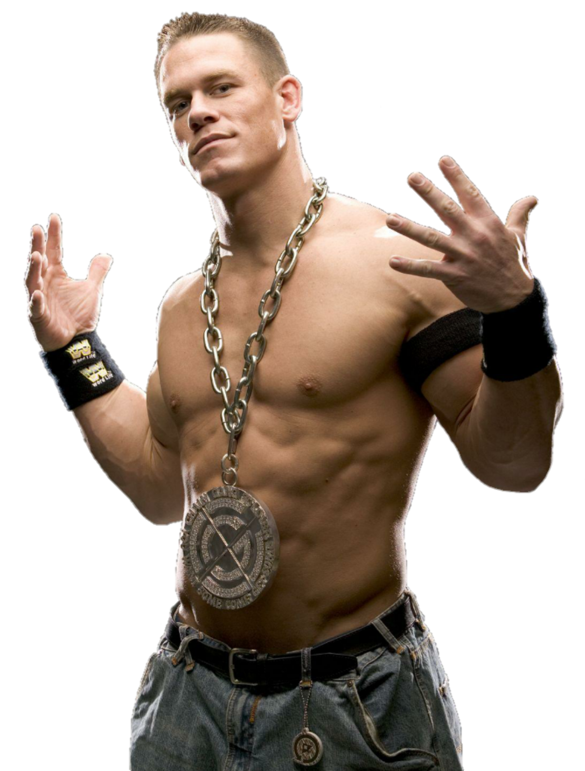 Muscular shirtless WWE wrestler wearing an oversized chain medallion, wristbands and jeans, posing with arms out in a sports promo shot.