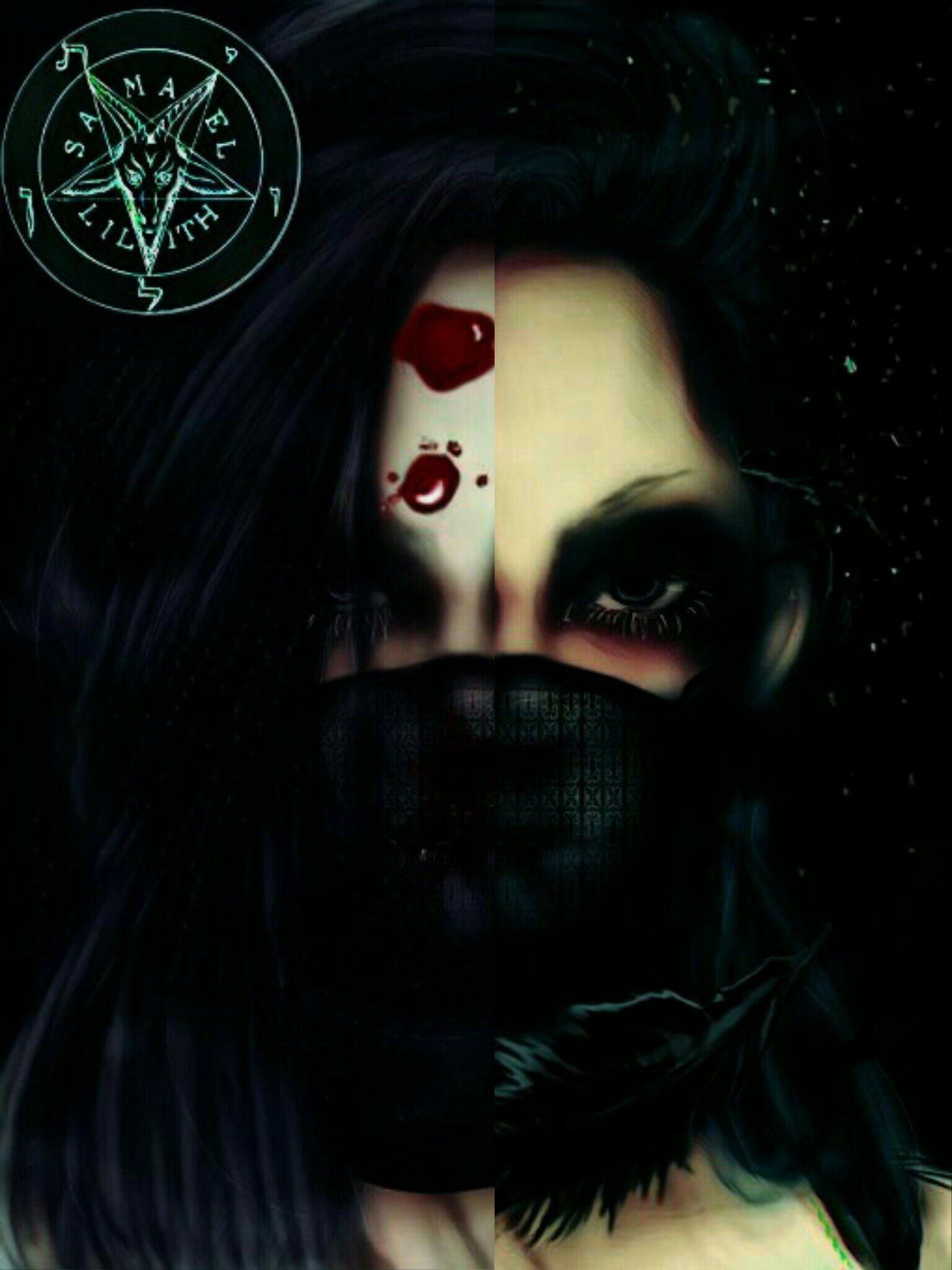 Dark, split-faced portrait of Asanao from lynch., with blood splatters and a black mask, evoking the intense and moody atmosphere of lynch.'s music.