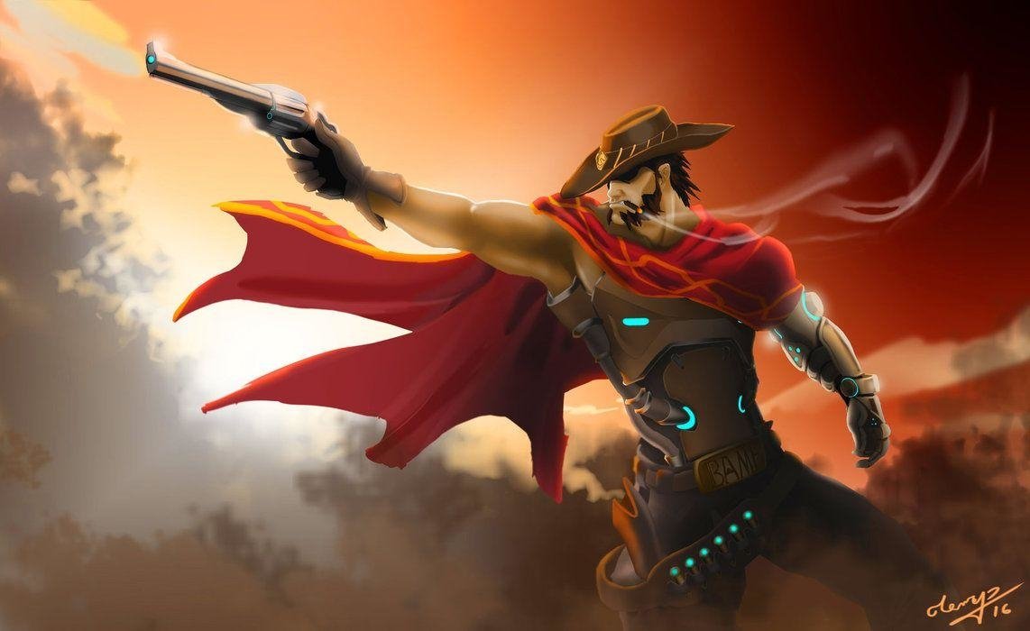 McCree from Overwatch stands confidently with his revolver drawn, a red cape billowing behind him against a dramatic sunset backdrop, embodying the adventurous spirit of the video game.