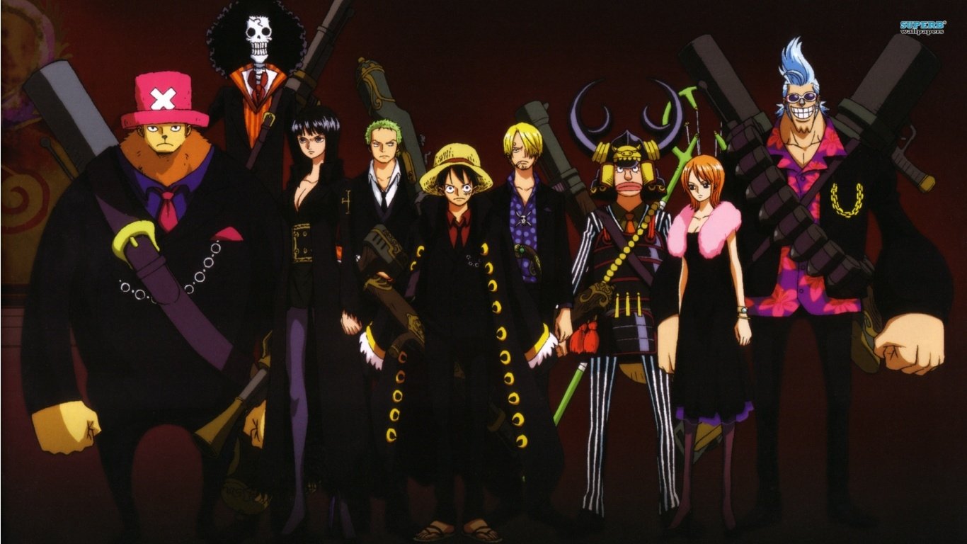 Anime, One Piece: The Straw Hat crew posed in dark, stylish suits — Luffy center with his straw hat, flanked by Zoro, Sanji, Nami, Usopp, Chopper, Robin, Franky, and Brook.