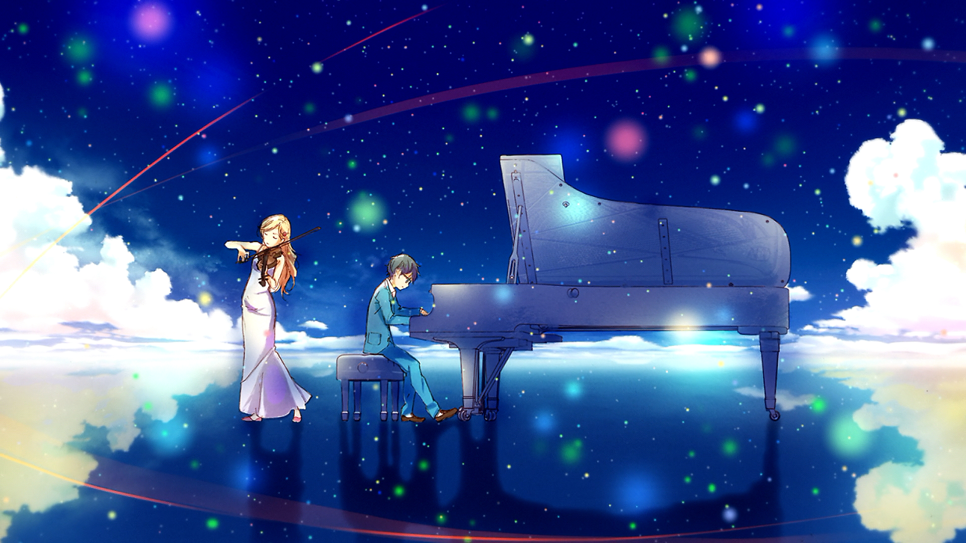 Kousei Arima plays piano while Kaori Miyazono accompanies on violin under a starry sky, capturing a magical moment from the anime Your Lie in April.