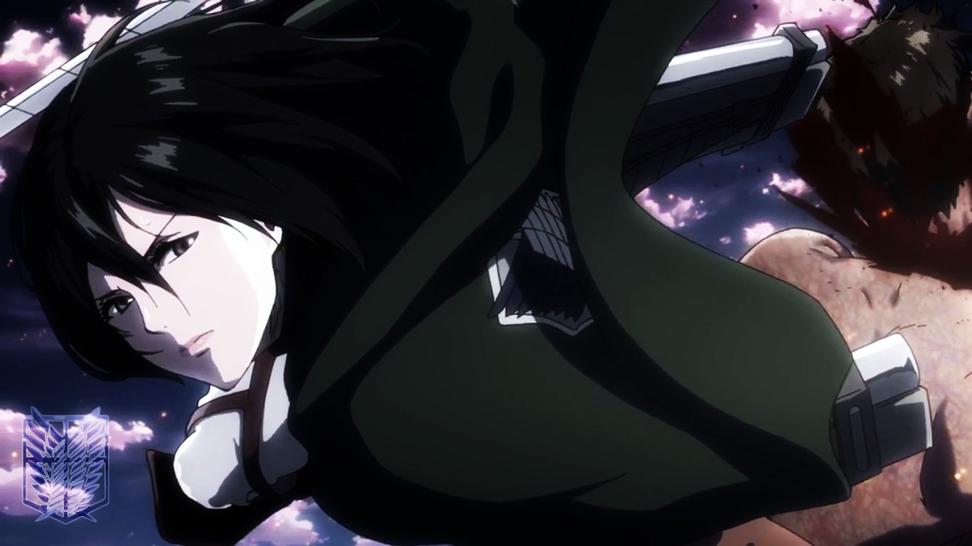 Mikasa Ackerman from Attack on Titan soars through the sky in her Survey Corps cloak, wearing ODM gear as clouds and rubble streak past.