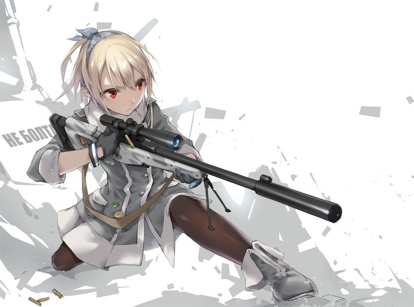 SV-98 from Girls' Frontline kneels aiming a suppressed SV-98 sniper rifle, blonde hair and red eyes, white tactical dress and dark stockings, video game artwork.