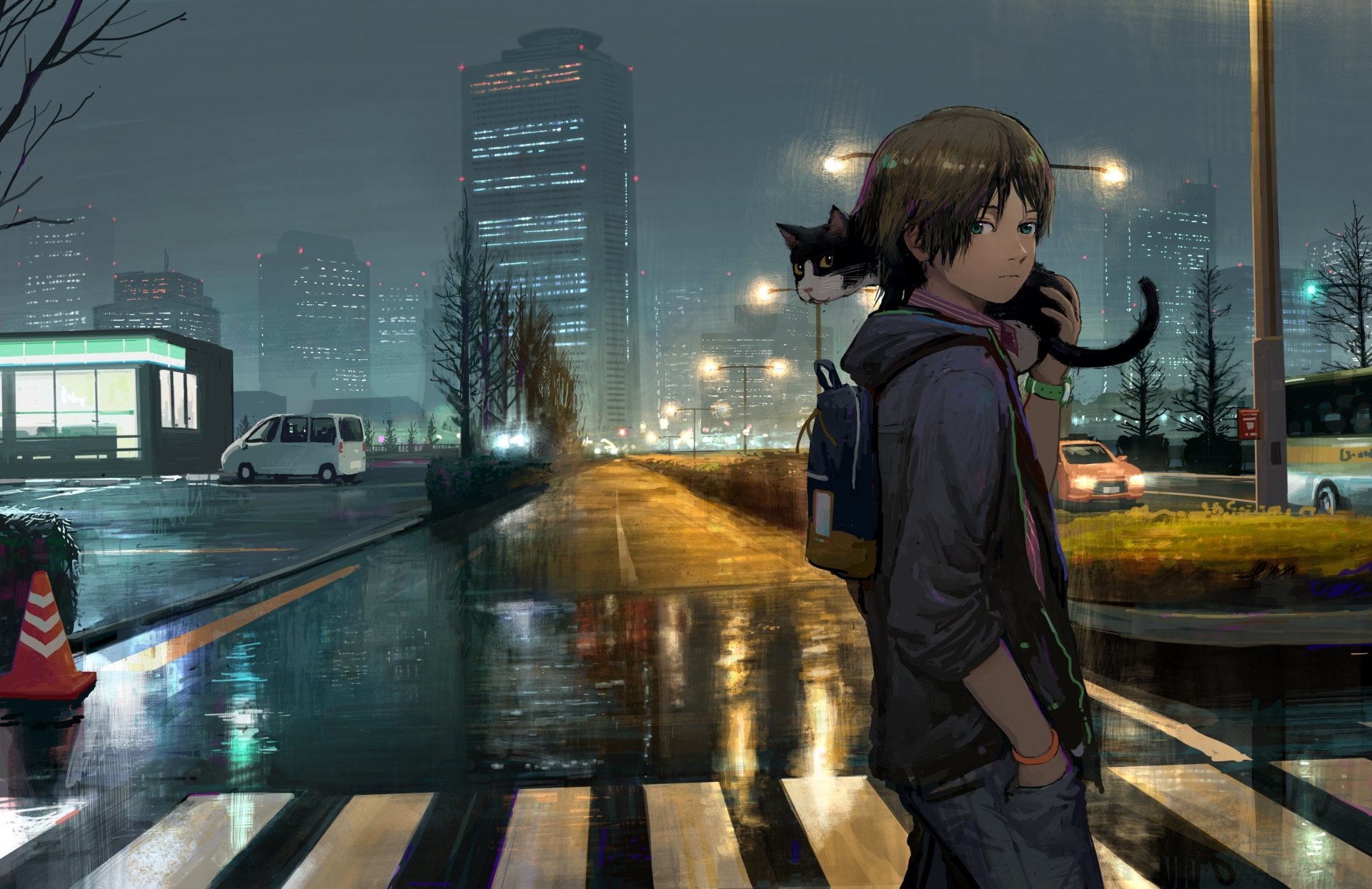 A boy stands on a rainy street, a black cat perched on his shoulder, surrounded by a vibrant cityscape in this captivating anime scene.