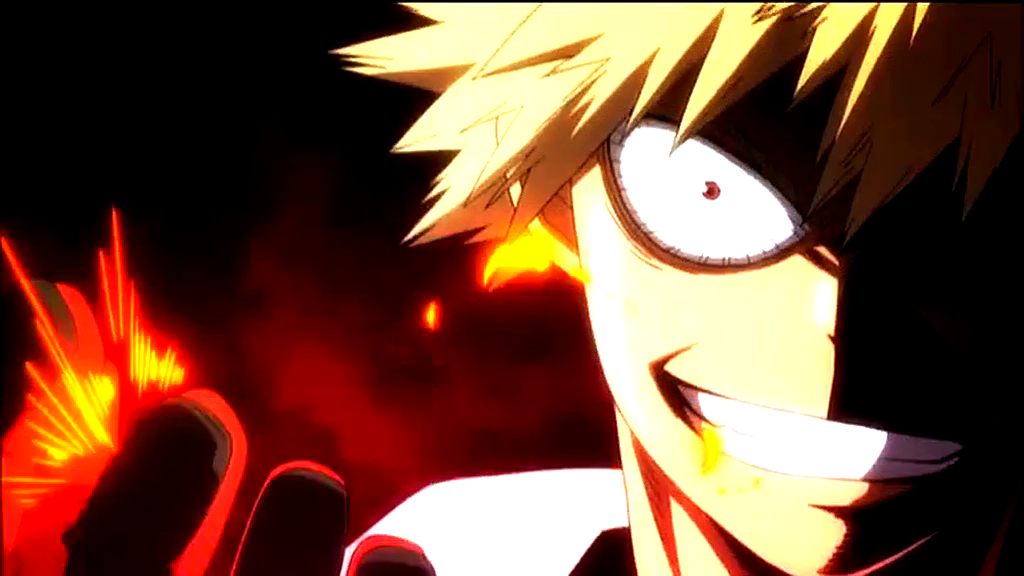 Katsuki Bakugo from My Hero Academia grins fiercely as explosive red energy flares from his hand, his spiky blond hair and intense gaze lit against a dark background.
