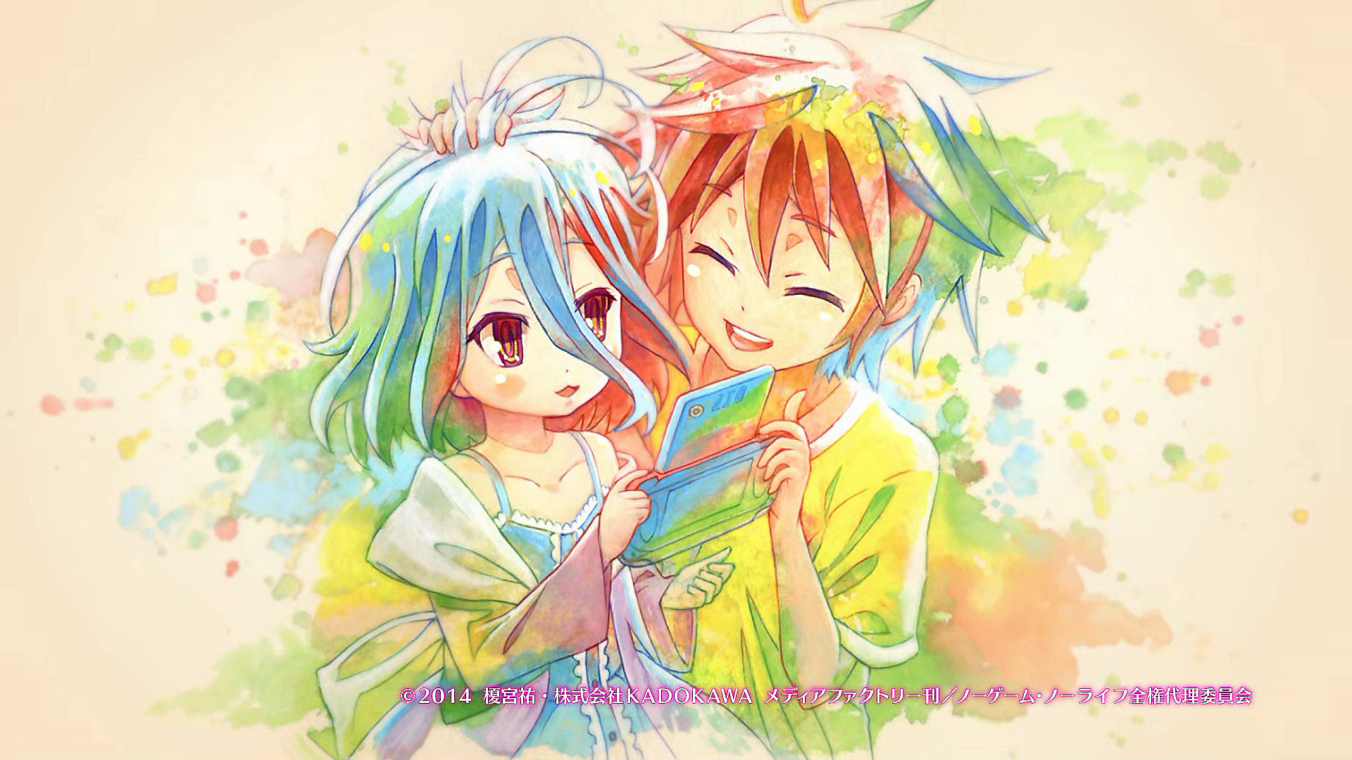 Watercolor-style anime illustration of No Game No Life's Sora and Shiro smiling together as they read a game card.