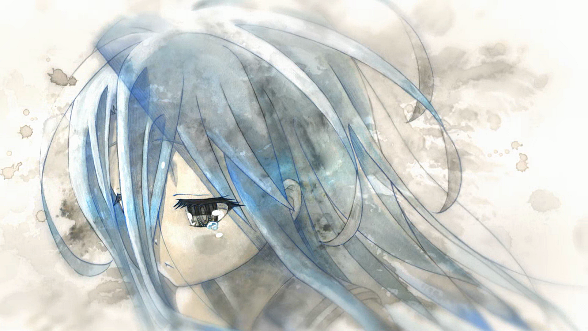 Portrait of Shiro (No Game No Life) with long blue hair flowing, a pensive expression, and soft watercolor-style washes in the background.