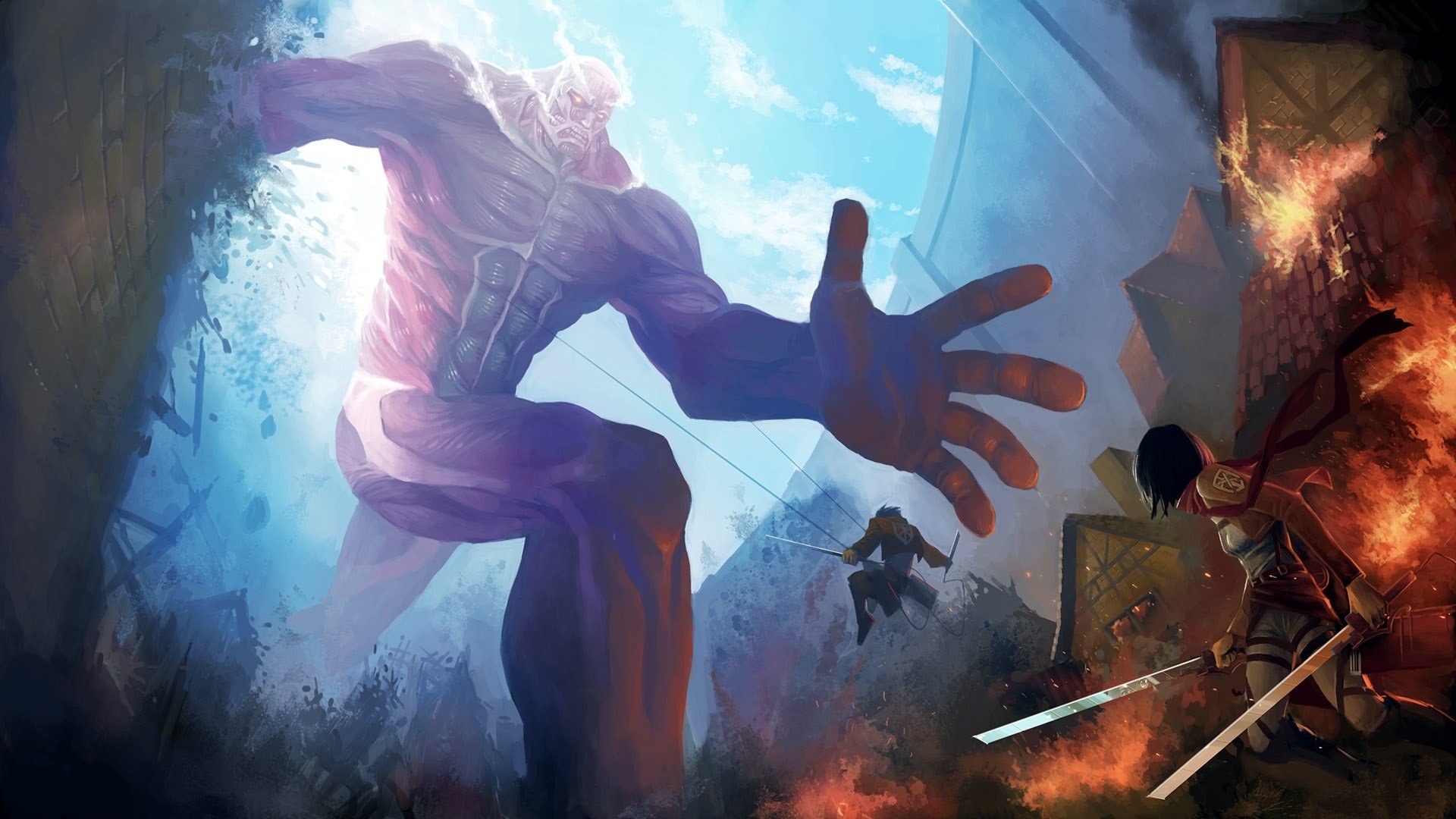 A scene from the anime Attack on Titan, featuring a colossal titan reaching out threateningly while characters wield swords amidst a burning backdrop.