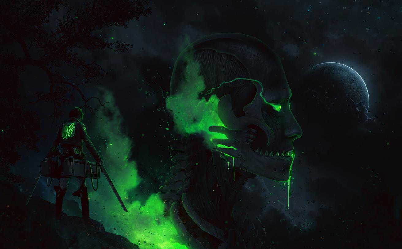 Anime-inspired Attack on Titan scene with a glowing green skeletal Titan head and a soldier standing on a cliff under a dark, starry sky.