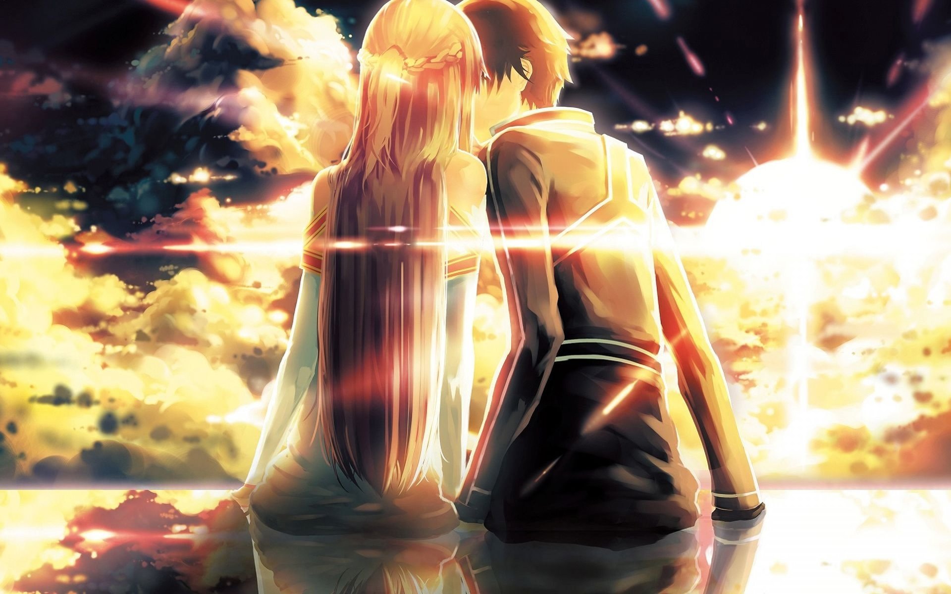 A romantic scene featuring Kirito and Asuna Yuuki from Sword Art Online, sharing a kiss as sunlight radiates around them, capturing the essence of their love in a beautiful anime setting.