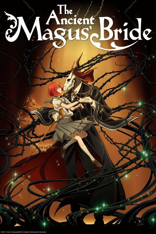 Anime poster for The Ancient Magus' Bride: red-haired schoolgirl held by a tall cloaked horned mage, surrounded by glowing black thorns.