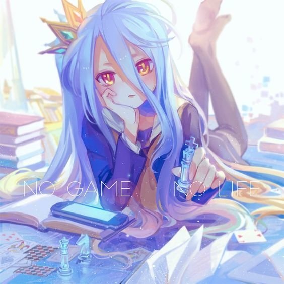 Anime-style illustration of Shiro from No Game No Life, lying down surrounded by books, chess pieces, and cards, with a thoughtful expression and vibrant pastel colors.