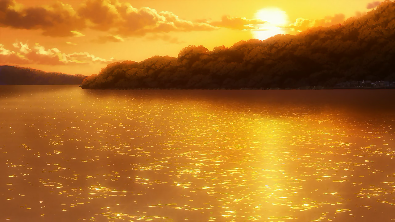A serene sunset over a lake, casting golden reflections on the water, reminiscent of the tranquil beauty found in the anime Golden Time.