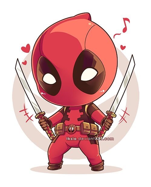 Chibi comic Deadpool in red suit, brandishing two katanas with hearts and a musical note floating around him.