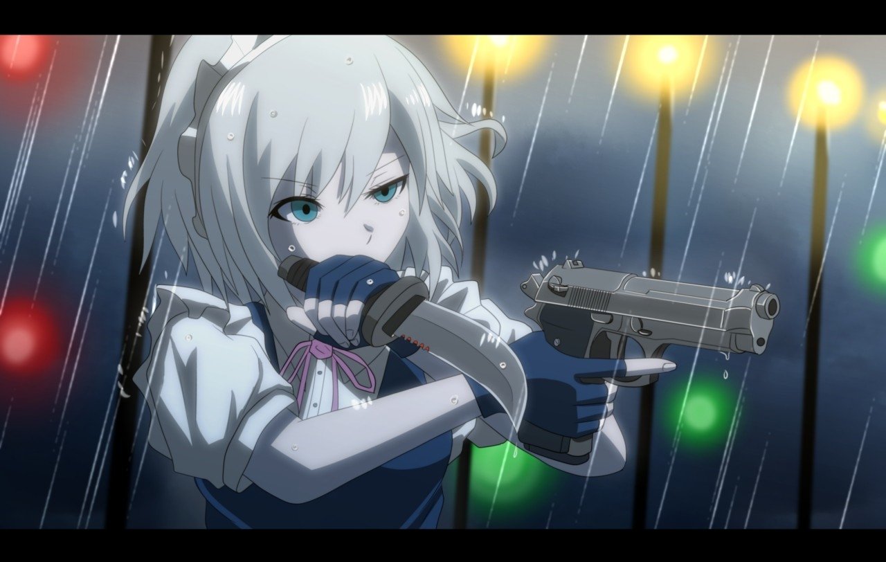 Sakuya Izayoi from the Touhou anime series aims a gun in the rain, surrounded by colorful blurred lights.