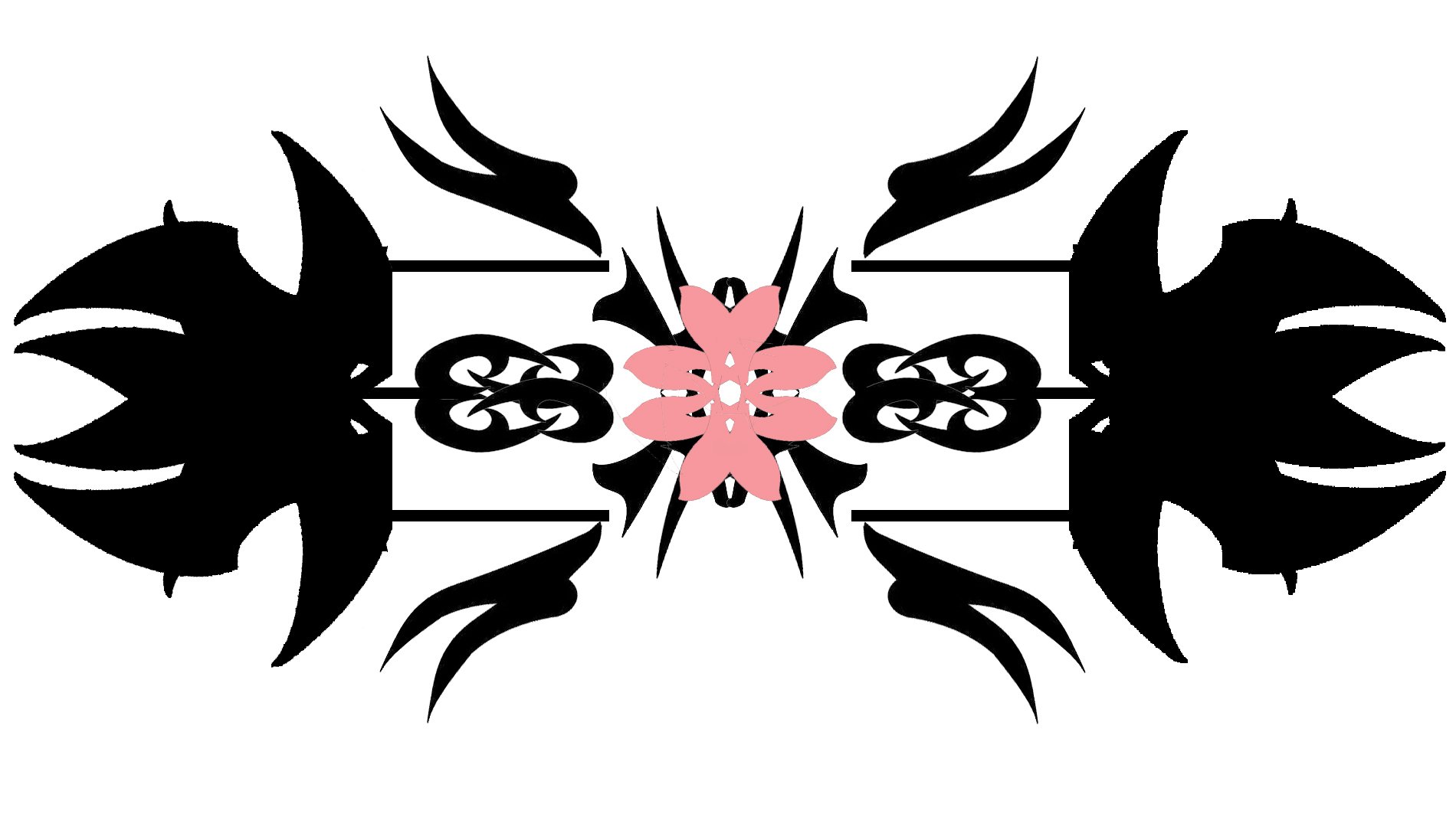 Abstract artistic design featuring a central pink flower surrounded by symmetrical black floral and organic shapes on a white background.