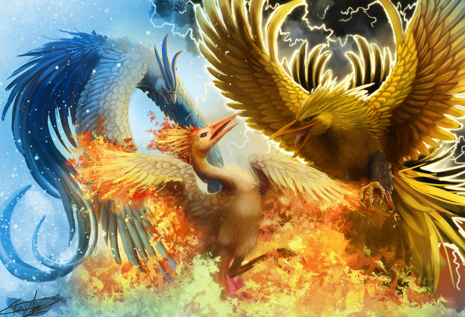 A dynamic anime-inspired illustration featuring three legendary Pokémon birds—Articuno, Moltres, and Zapdos—clashing amidst vibrant flames and stormy skies.