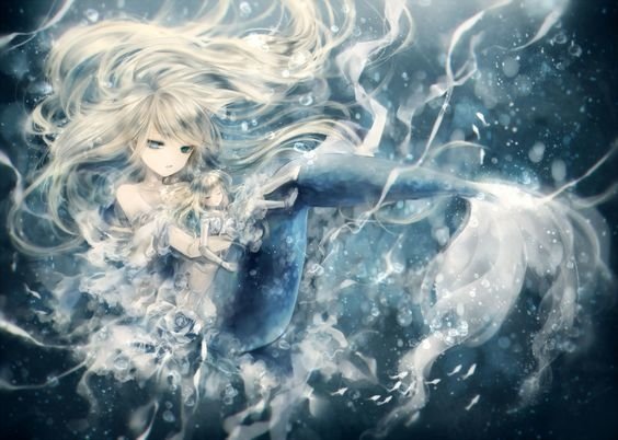 A beautifully illustrated anime mermaid with flowing hair swims gracefully through a shimmering underwater scene, surrounded by bubbles and soft, ethereal light.