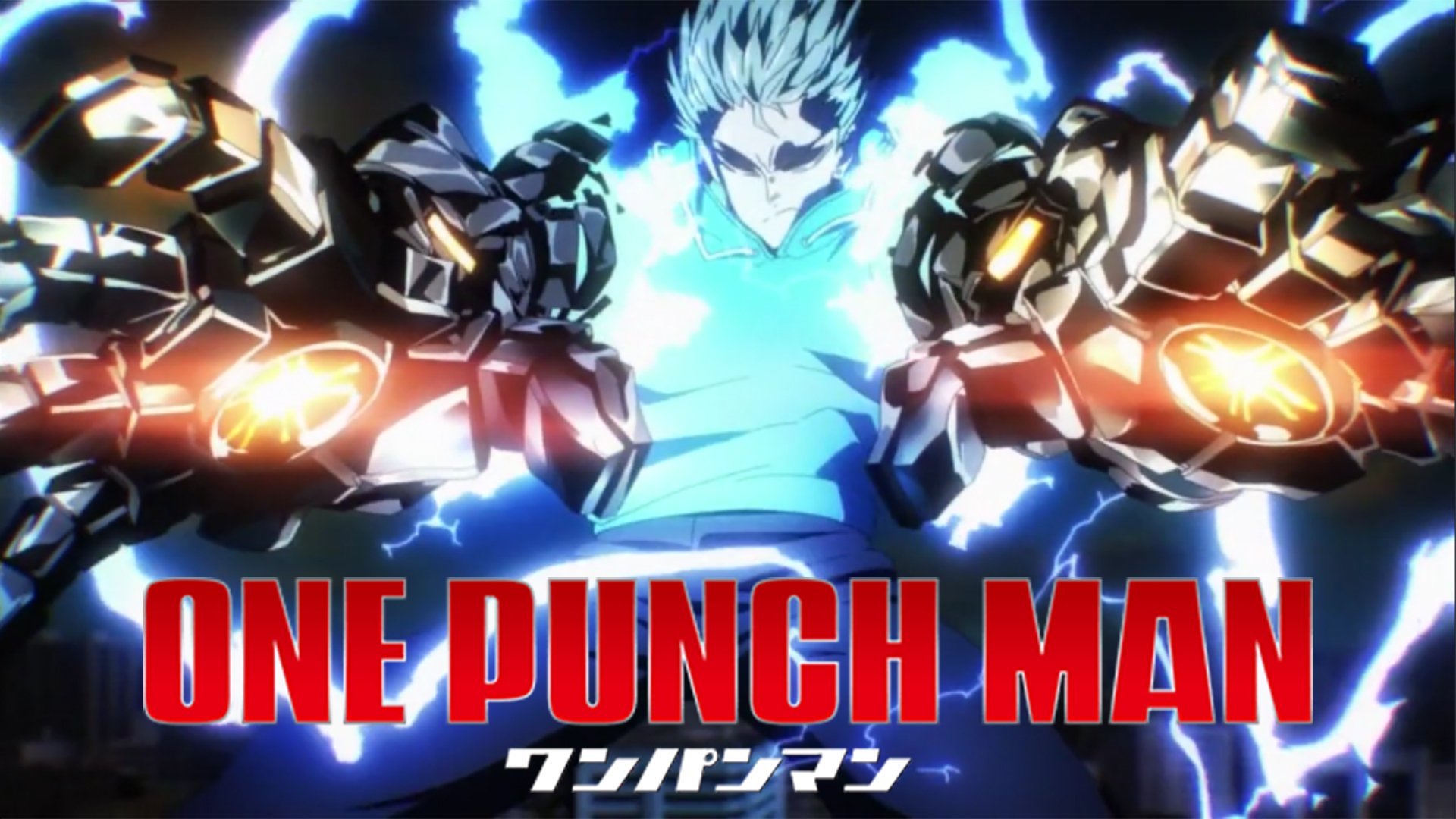 Anime scene from One-Punch Man featuring a powerful character with electrified fists glowing with energy, surrounded by blue lightning effects.