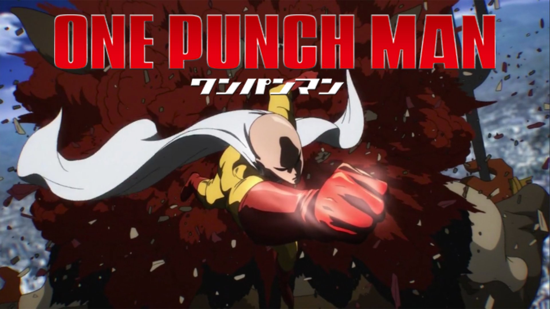 Anime image from One-Punch Man showing the bald hero in his yellow suit delivering a powerful punch amid flying debris and enemies.