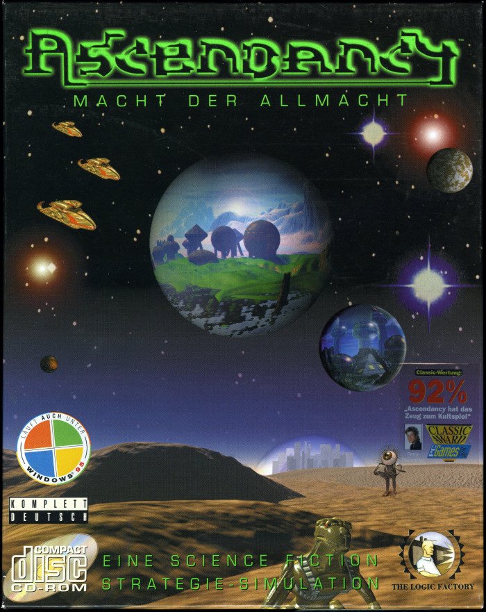 Cover of the video game Ascendancy featuring a sci-fi landscape with planets, spacecraft, and an astronaut on a barren terrain.