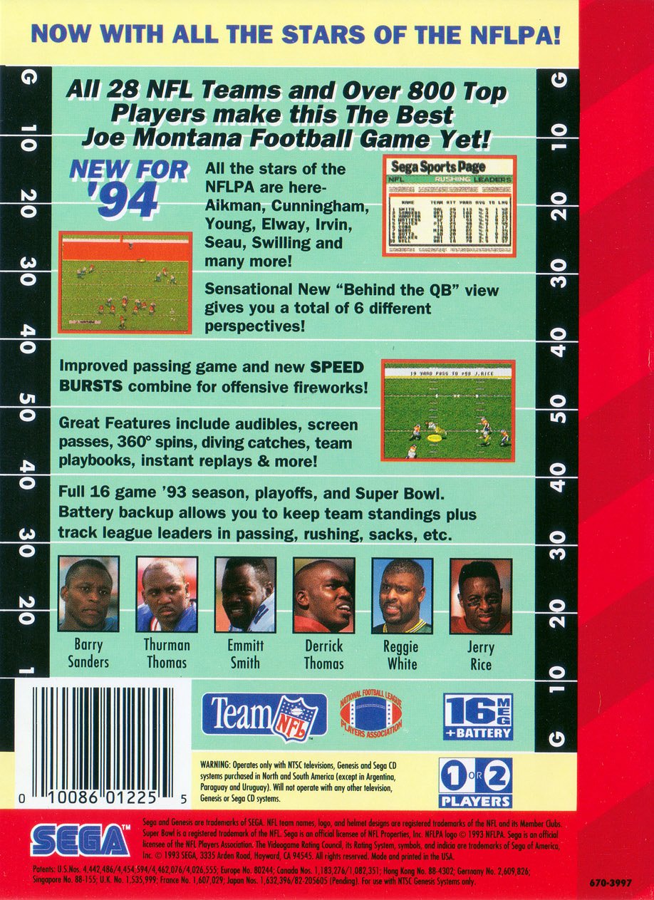 video game NFL Football '94 Starring Joe Montana Image